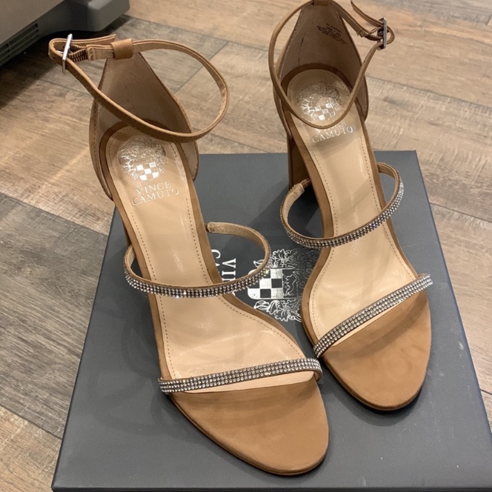 Vince Camuto Tan Gemstone Block Heel Sandals - Picture 2 of 5